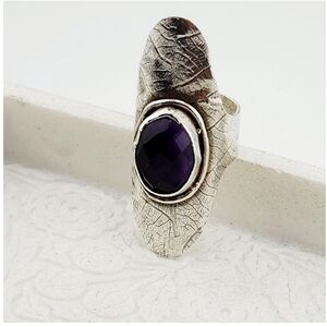 AMETHYST SADDLE LEAF EMBOSSED RING HANDMADE IN STERLING SILVER SZ 8